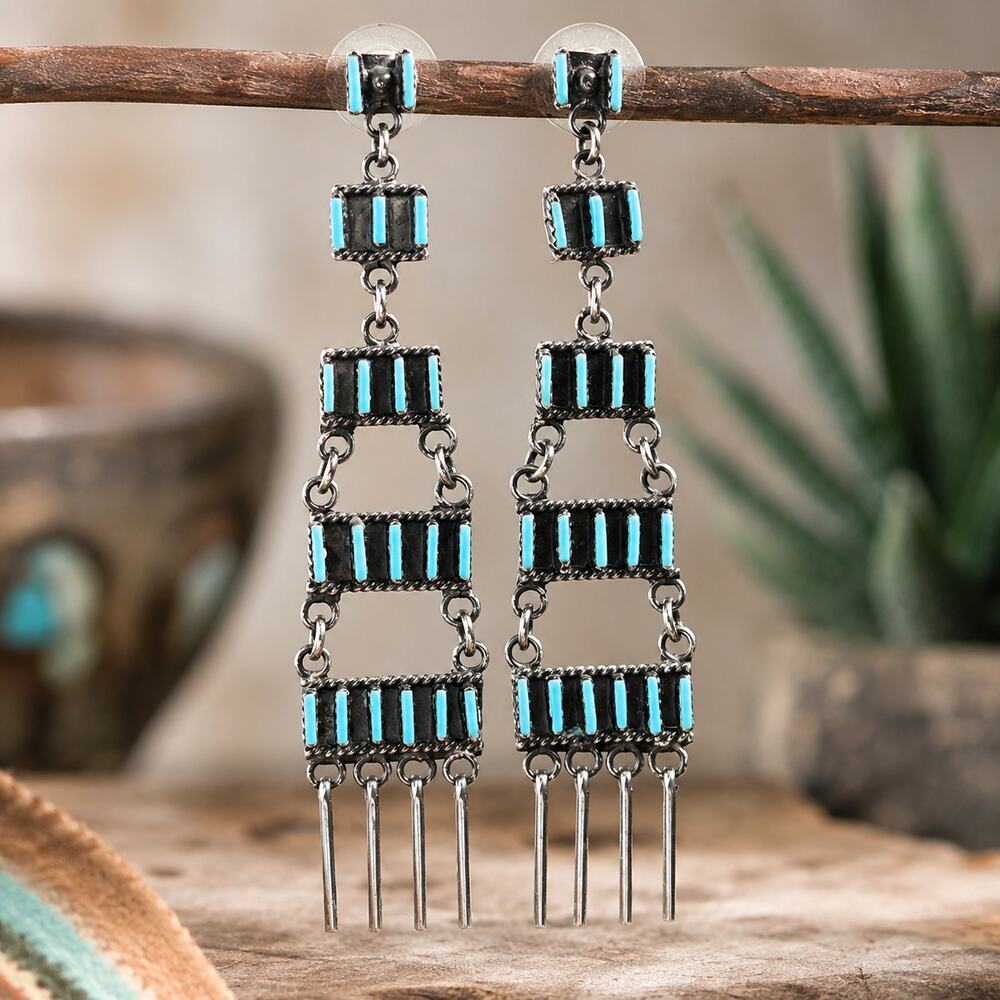 VTG Zuni Delbert Soseeah Needlepoint Turquoise 3" Dangle Earrings 925 Sterling